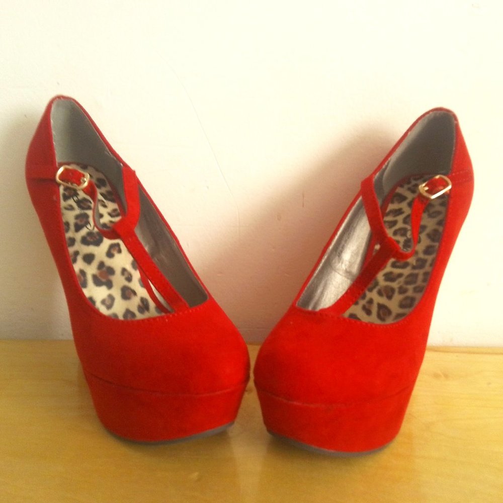 Sassy Sexy Lipstick Red Faux Suede Mary Jane Tall Platform Wedges